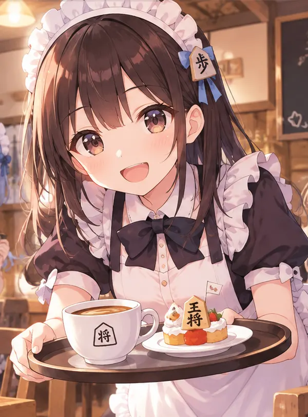 トレーを持って出むかえる新人メイドのちょこ